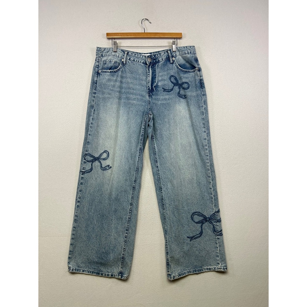 Coquette Simple Society Womens 13/31 Blue Bow Embroidered Wide Leg Jeans